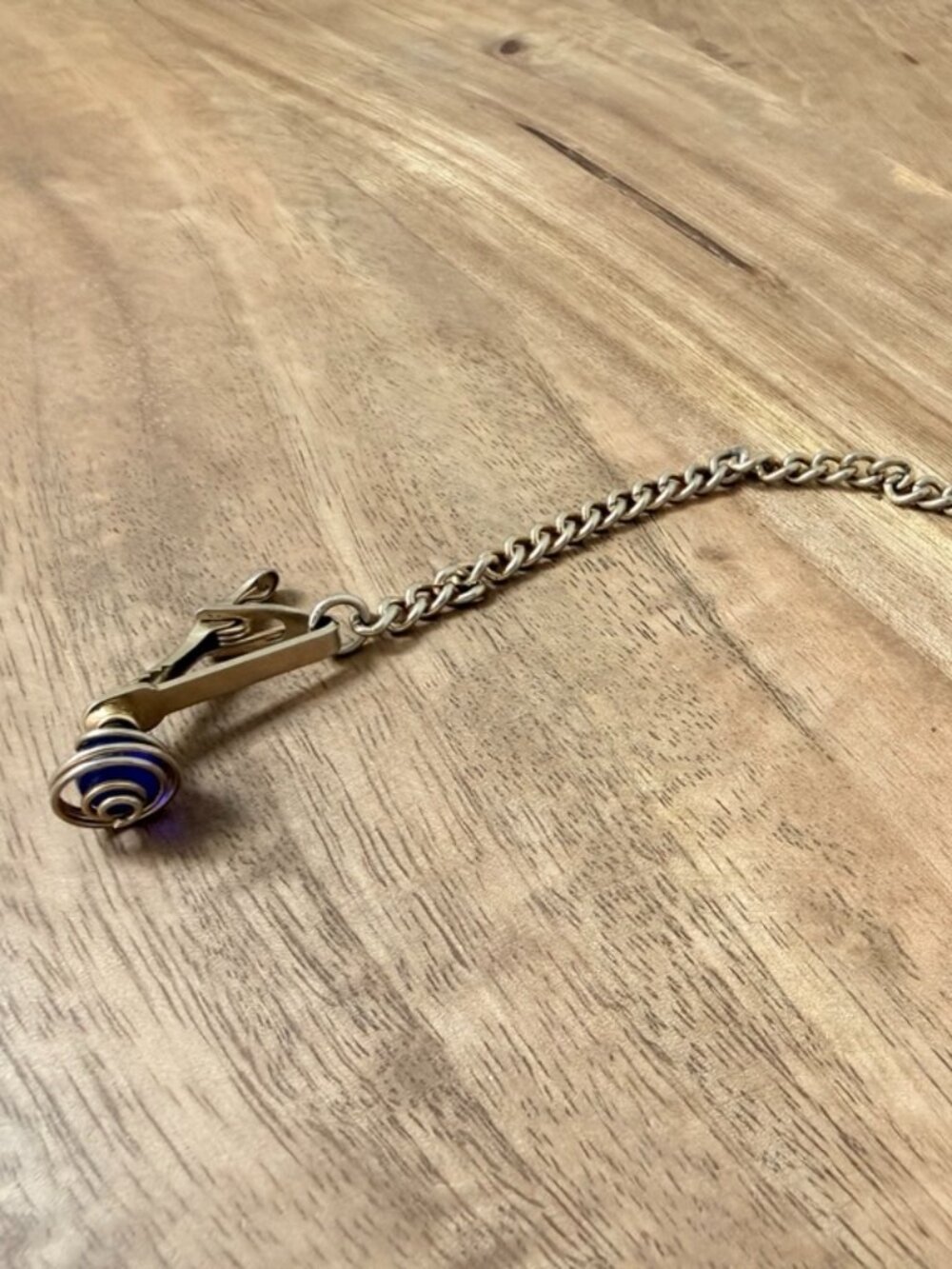 Vintage 1950s PIONEER Silver Tone Cobalt Blue Glass Cabochon Drape Tie Chain